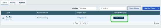 Screenshot of client list with Accounting subscription highlighted