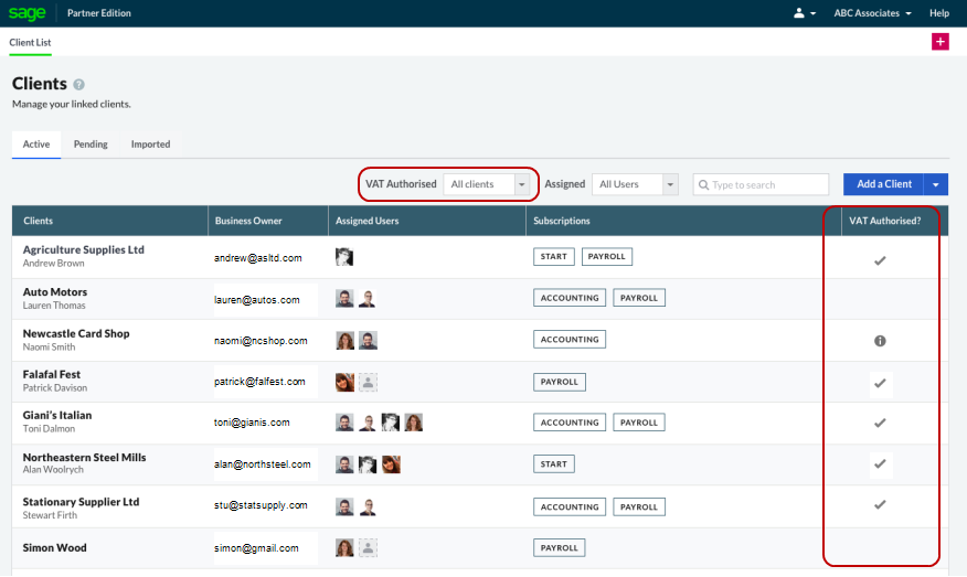 Screenshot of Partner Edition client list with VAT Authorisation column highlighted